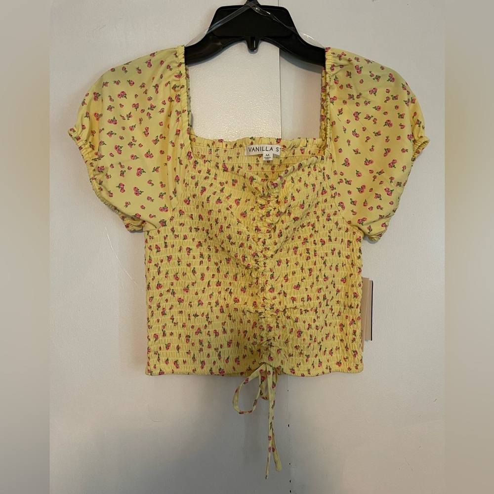 Vanilla Star Cropped Blouse Yellow w Small Pink Flowers